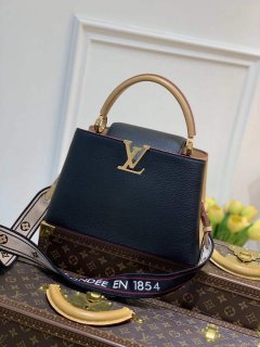 LV M58608 Louis Vuitton Capucines MM Handbag Black Apricot