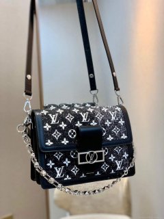 LV M59631 Louis Vuitton Dauphine MM Denim Leather Bag Black