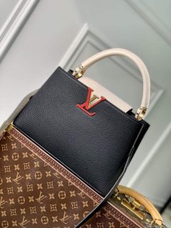 LV M21043 Louis Vuitton Capucines MM Handbag Black / Greige Doux / Scarlet