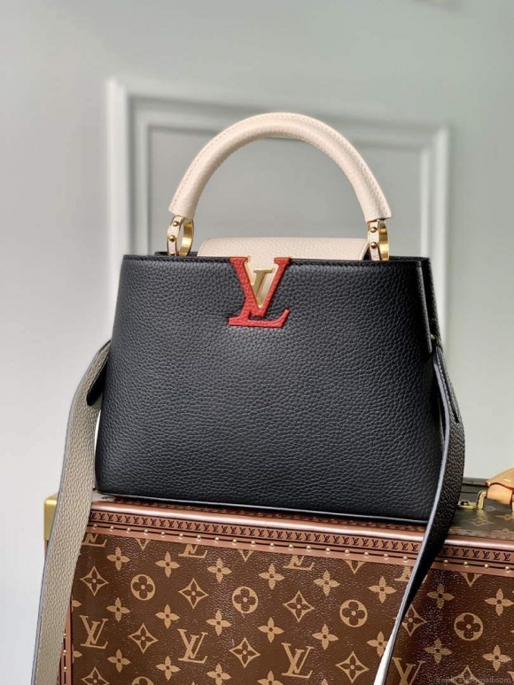 LV M21043 Louis Vuitton Capucines BB Handbag Black / Greige Doux / Scarlet