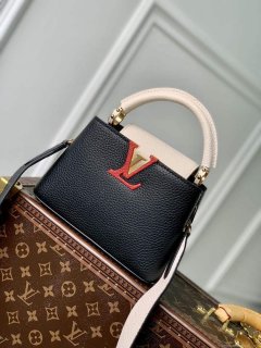 LV M21043 Louis Vuitton Capucines Mini Handbag Black / Greige Doux / Scarlet