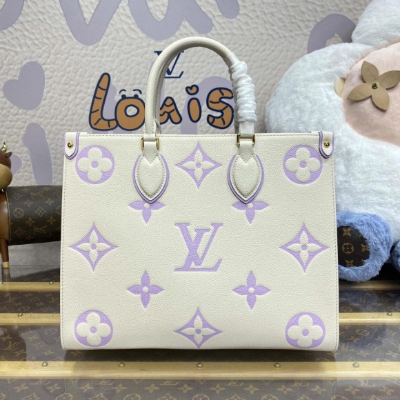 LV M23937 Louis Vuitton OnTheGo MM Bicolor Monogram Empreinte Leather Latte Bubble Tea Purple