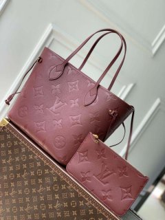 LV M46599 Louis Vuitton Neverfull MM Bag M45685 Monogram Empreinte Leather Wine Red