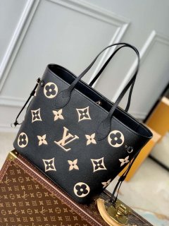 LV M58907 Louis Vuitton Neverfull MM Bag M45685 Monogram Empreinte Leather Black with Beige Logo