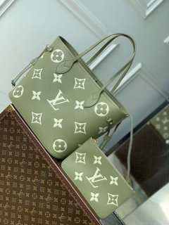 LV M46649 Louis Vuitton Neverfull MM Tote Bag Monogram Empreinte Leather Kaki Cream