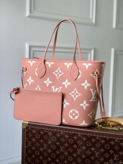 LV M45686 Louis Vuitton Neverfull MM Tote Bag Monogram Empreinte Leather Pink Cream