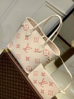 LV M21579 Louis Vuitton Neverfull MM Tote Bag M46649 Monogram Empreinte Leather Cream Pink