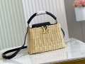 LV M55011 Louis Vuitton Capucines BB Handbag Straw Leather Beige Black