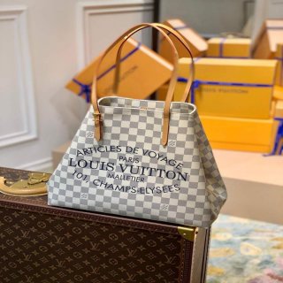 LV N41375 Louis Vuitton Two Tone Plaid Azur Printed Cabas MM Tote Bag