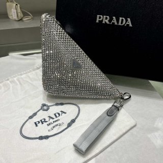 Prada 1NE039 Crystal-studded satin pouch Gray