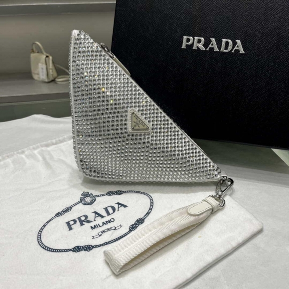 Prada 1NE039 Crystal-studded satin pouch White