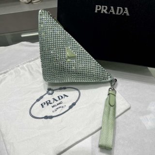 Prada 1NE039 Crystal-studded satin pouch Green