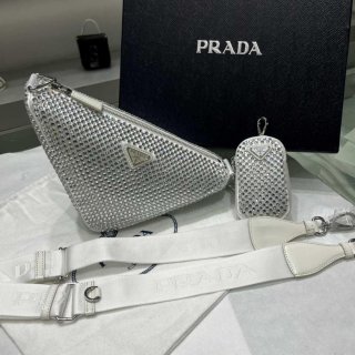 Prada 1NE190 Crystal-studded satin pouch White