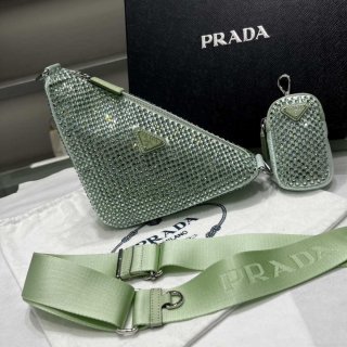 Prada 1NE190 Crystal-studded satin pouch Green