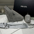 Prada 1NE190 Crystal-studded satin pouch Gray