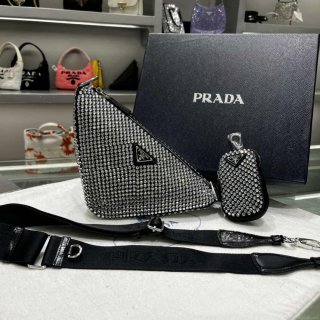 Prada 1NE190 Crystal-studded satin pouch Black