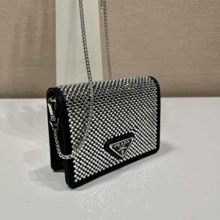 Prada Crystal-studded card holder with shoulder strap 1MR024 Black Crystal