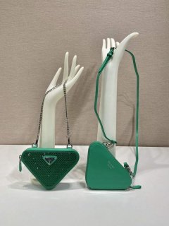 Prada 1NR015 Embellished satin and leather mini-pouch Green