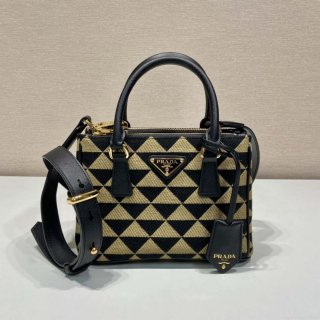 Prada 1BA906 Galleria embroidered fabric bag Black and Beige