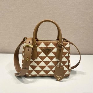 Prada 1BA906 Galleria embroidered fabric bag Brown and Beige