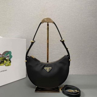 Prada 1BC194 Prada Arqué Re-Nylon and Brushed Leather Shoulder Bag Black