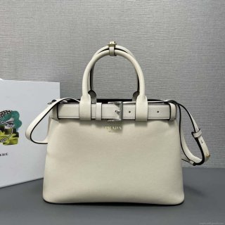 Prada 1BA434 White Prada Buckle Medium Leather Handbag With Belt