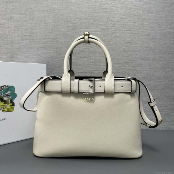 Prada 1BA434 White Prada Buckle Medium Leather Handbag With Belt