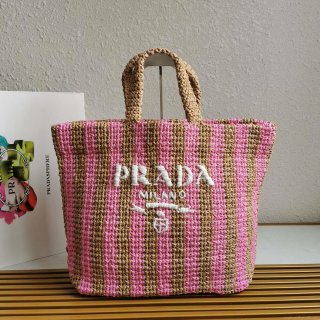 Prada 1BG392 Large Crochet tote bag Nature With Pink