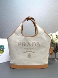 Prada 1BG472 Large linen blend and leather tote bag Natural