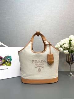 Prada 1BG471 Medium linen blend and leather tote bag Natural