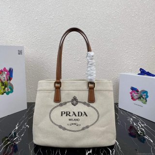 Prada 1BG356 Small linen blend and leather tote Beige