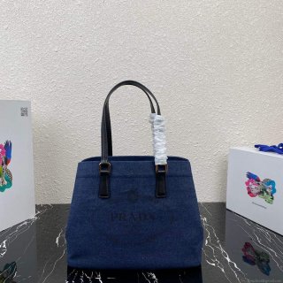 Prada 1BG356 Small linen blend and leather tote Blue