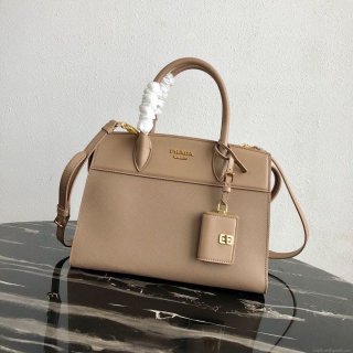 Prada 1BA046 Medium Esplanade Leather Tote Bag Apricot