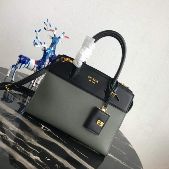 Prada 1BA046 Medium Esplanade Leather Tote Bag Grey and Black