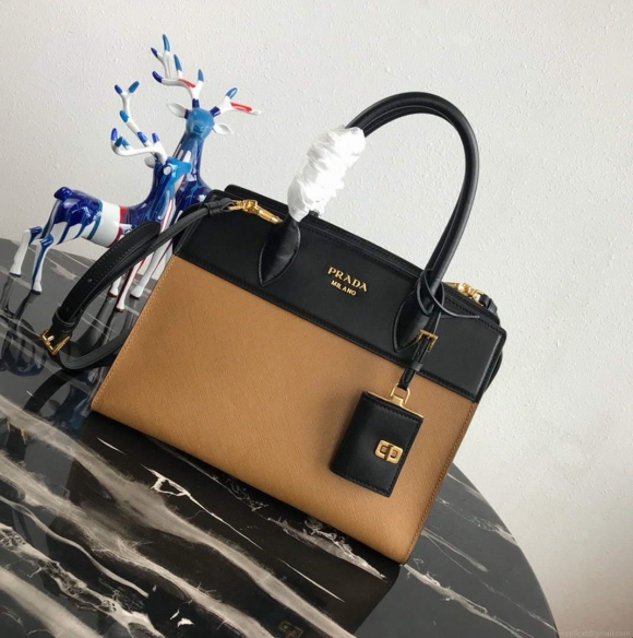 Prada 1BA046 Medium Esplanade Leather Tote Bag Apricot and Black