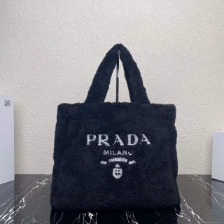 Prada 1BG130 Shearling Tote Shoulder bag Black