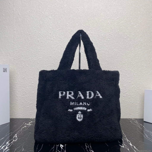 Prada 1BG130 Shearling Tote Shoulder bag Black