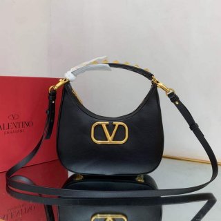 Valentino WB0K69EIM Stud Sign Calfskin Hobo Bag Black