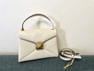 Valentino WB0K58ILK Medium One Stud Grainy Calfskin Handbag Light Ivory