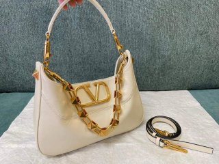 Valentino V0570 Stud Sign Grainy Calfskin Hobo Bag Light Ivory