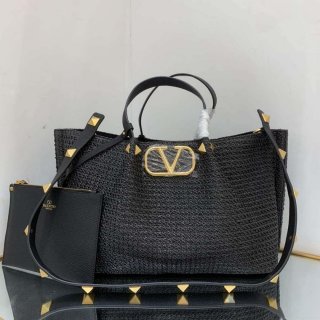 Valentino 5W2B0K39YCE Medium Straw Summer Tote Bag Black