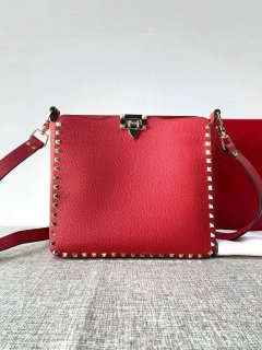 Valentino 2B0C17 Rockstud Grainy Calfskin Hobo Bag 50031S Red