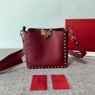 Valentino 2B0C17V Mini Rockstud Grainy Calfskin Hobo Bag 50029 Wine Red