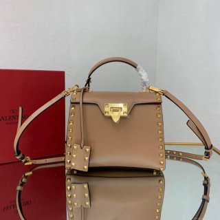 Valentino 71000 Small Rockstud Alcove Handbag In Grainy Calfskin XW2B0J71 Apricot