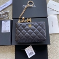 Chanel Classic Card Holder Zipper Grained shiny Calfskin A50168 Black Gold