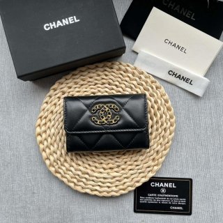 Chanel AP1790 19 flap Card Holder shiny lambskin gold tone ruthenium finish metal Black