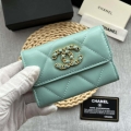 Chanel AP1790 19 flap Card Holder shiny lambskin gold tone ruthenium finish metal Blue