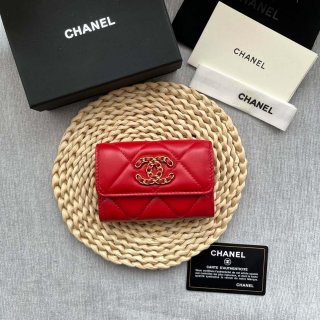 Chanel AP1790 19 flap Card Holder shiny lambskin gold tone ruthenium finish metal Red