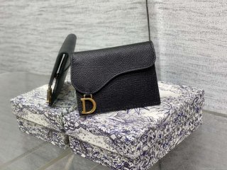 Dior S5611 Saddle Flap Card Holder Black Grained Calfskin