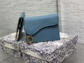 Dior S5611 Saddle Flap Card Holder Blue Grained Calfskin